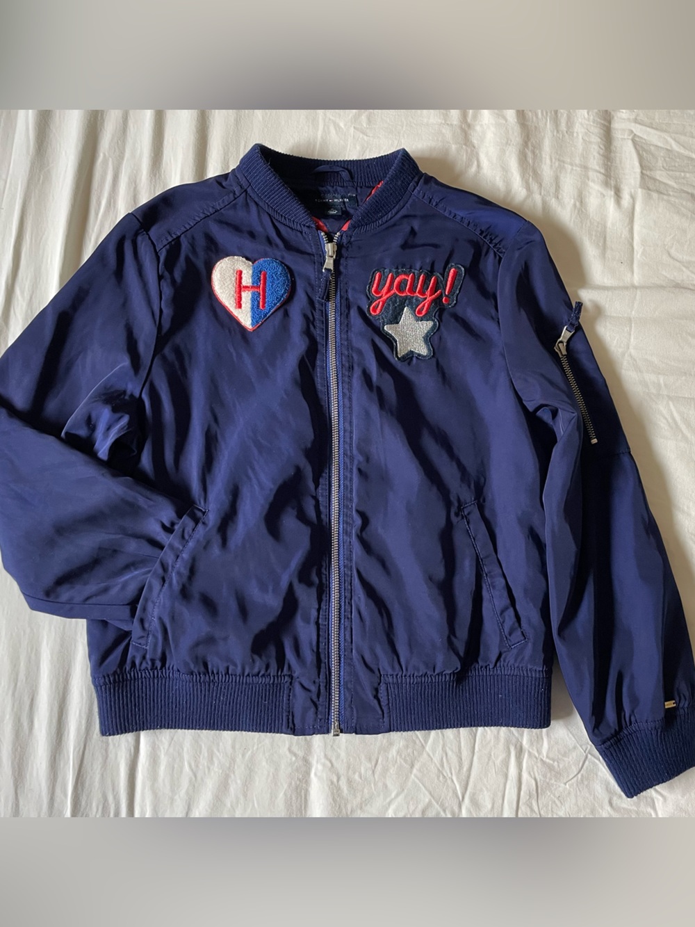 TOMMY HILFIGER Navy Girls Patch Bomber Jacket with Red & White Accents
